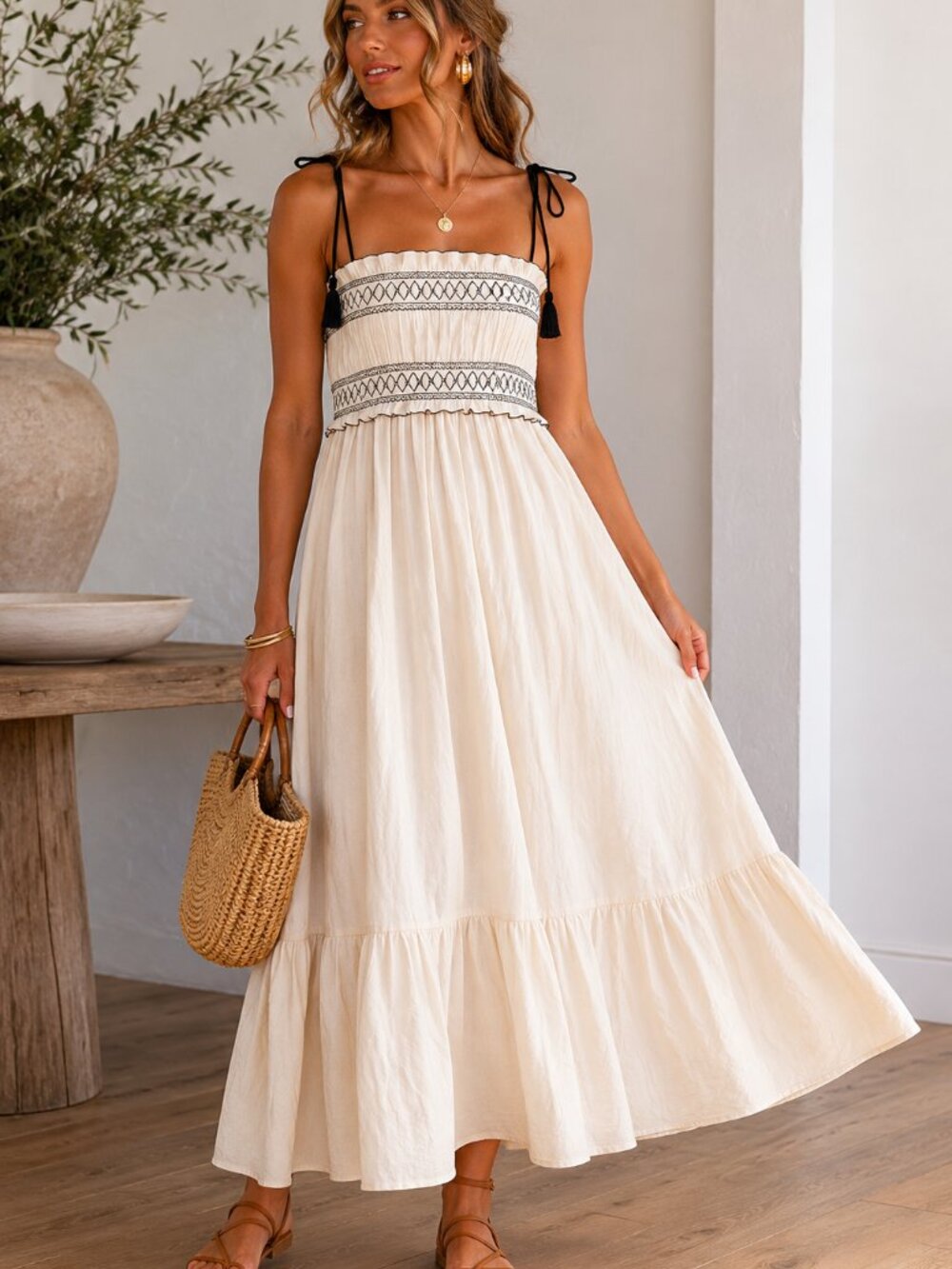 The Good Journey Cream Smocked Tassel Maxi Dress Boho Resort Cottagecore